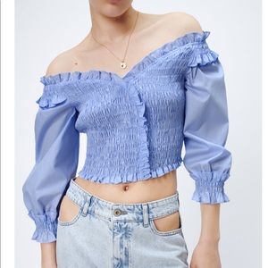 Zara Blue Elastic Trim off the shoulder top